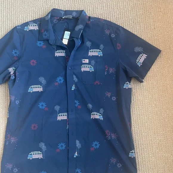 Travis Mathew Men's What Goes Up Button Up Blue American Flag Fireworks Size XL - Picture 8 of 12